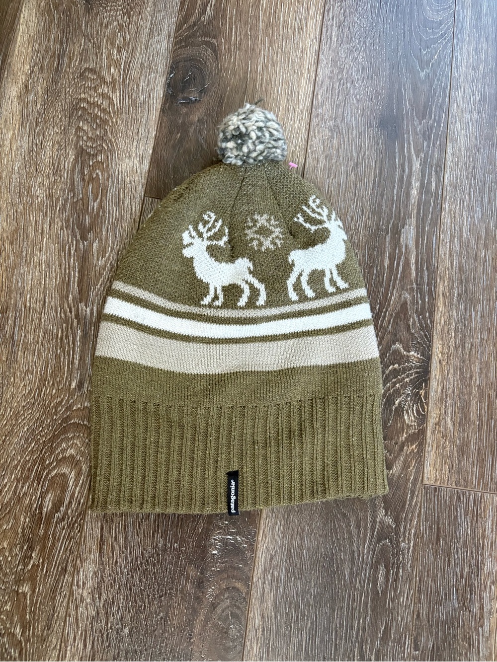 Patagonia Olive and Cream Reindeer Pom Beanie